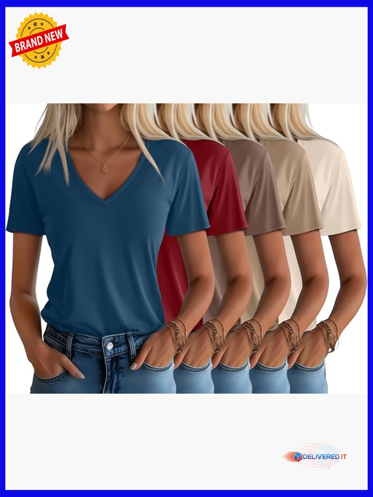 5 Pack V Neck Basic Tees Comfortable Short Sleeve T Shirts Solid Cotton Blend